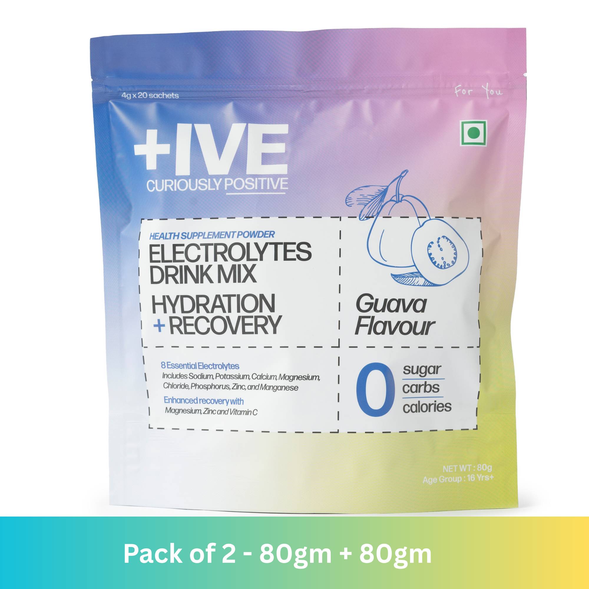 Curiously +IVE Electrolytes Drink Mix - Guava Flavour - Pack of 2 - 80gm + 80gm (4g x 40 Sachet)| Zero Sugar, Zero Carbs, Zero Calories, Hydration + Recovery Supplement