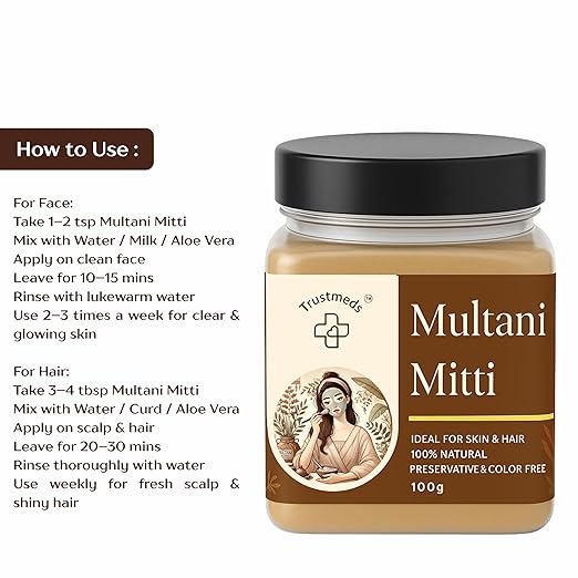 Trustmeds Multani Mitti, 100% Natural, Ideal for Skin & Hair, Preservative & Color Free, 100g view 2