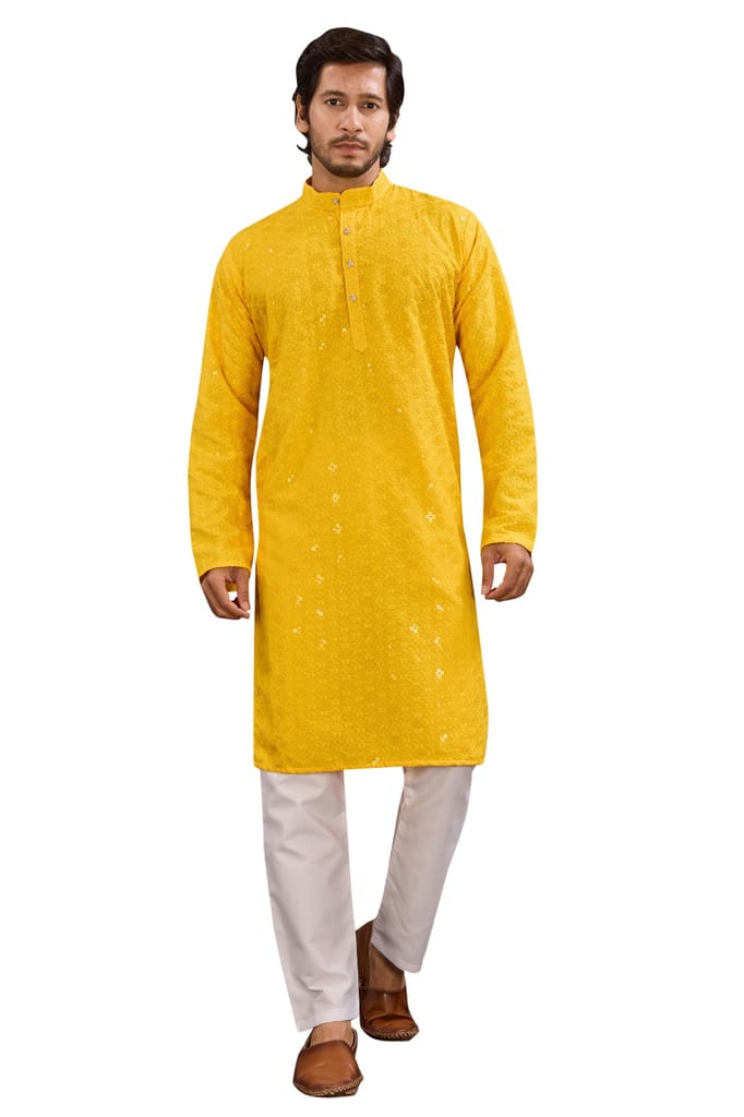 Men's Yellow Chikankari Embroidered Cotton Blend Kurta