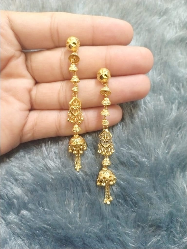 1gm Premium Gold-Plated Micro Polished Long Sui Dhaga Earrings for Women & Girls | Traditional Lightweight Jhumki Drop Design | Daily Wear Stylish Chain Earrings view 2