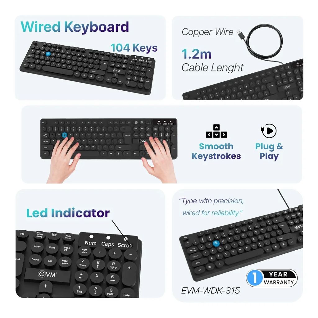 WIRED KEYBOARD (EVM-WDK-315) | Spill-Resistant | 1.2m Cable | UV Paint Coated | USB Connectivity | Brand Warranty view 2