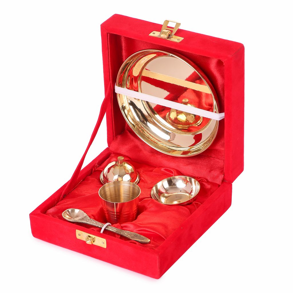 Pure Brass Pooja Bhog Thali Set Small | Size - 4 inches | Good quality brass plate (Set of 5 Pooja Items) (WITH GIFT BOX)