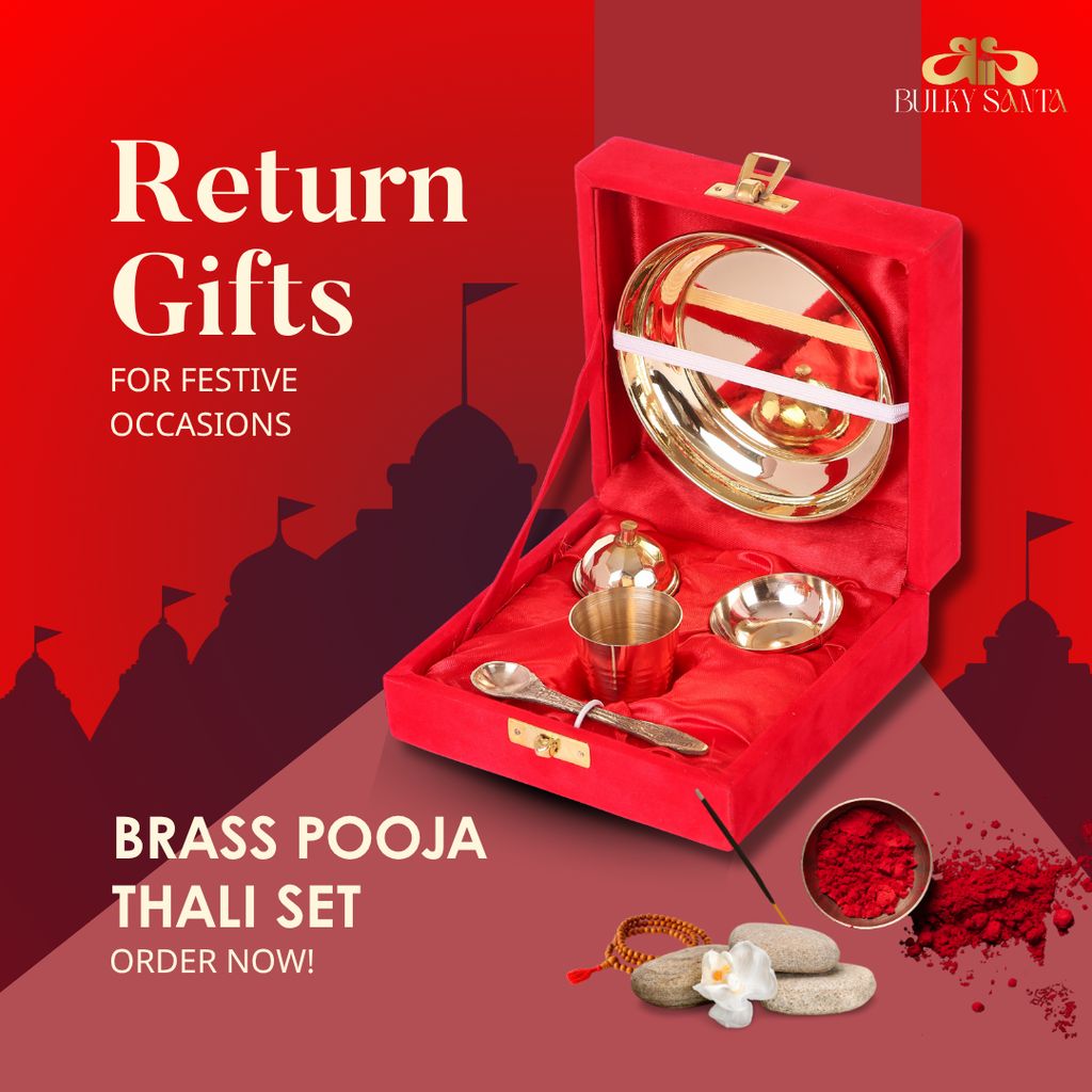 Pure Brass Pooja Bhog Thali Set Small | Size - 4 inches | Good quality brass plate (Set of 5 Pooja Items) (WITH GIFT BOX) view 2