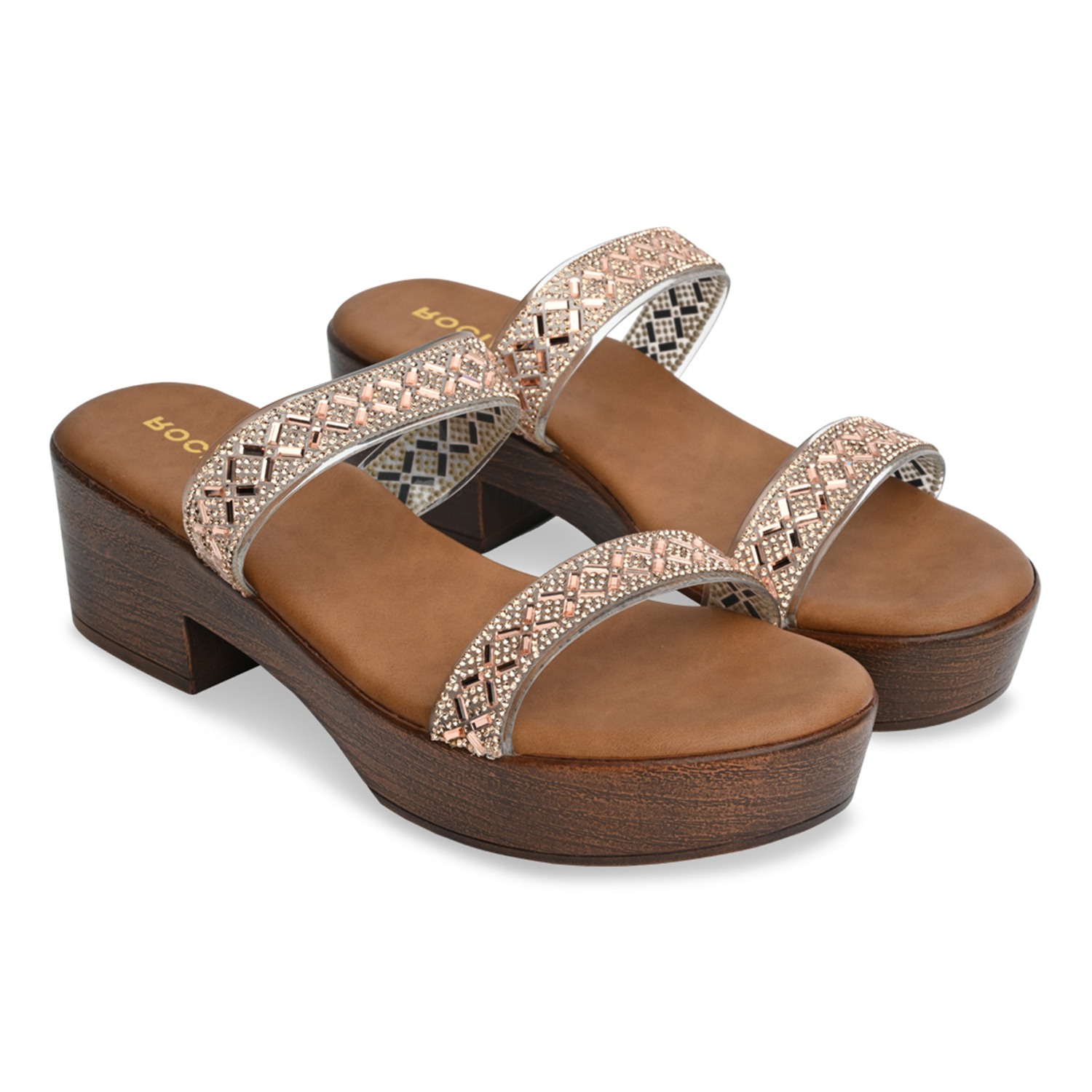 Rose Gold Women Vinyl Studded Block Heel Sandals view 2