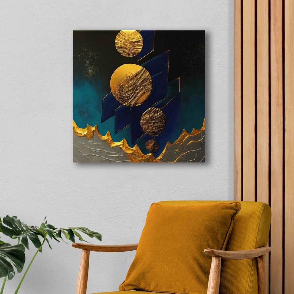 BLUE AND GOLD ABSTRACT PAINTING 24in X 24in WITH BLACK FRAME