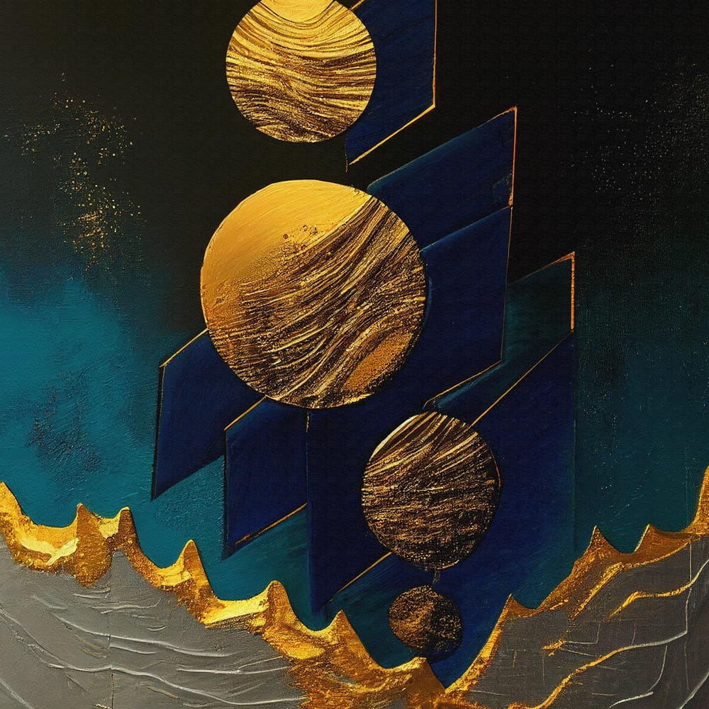 BLUE AND GOLD ABSTRACT PAINTING 24in X 24in WITH BLACK FRAME view 2