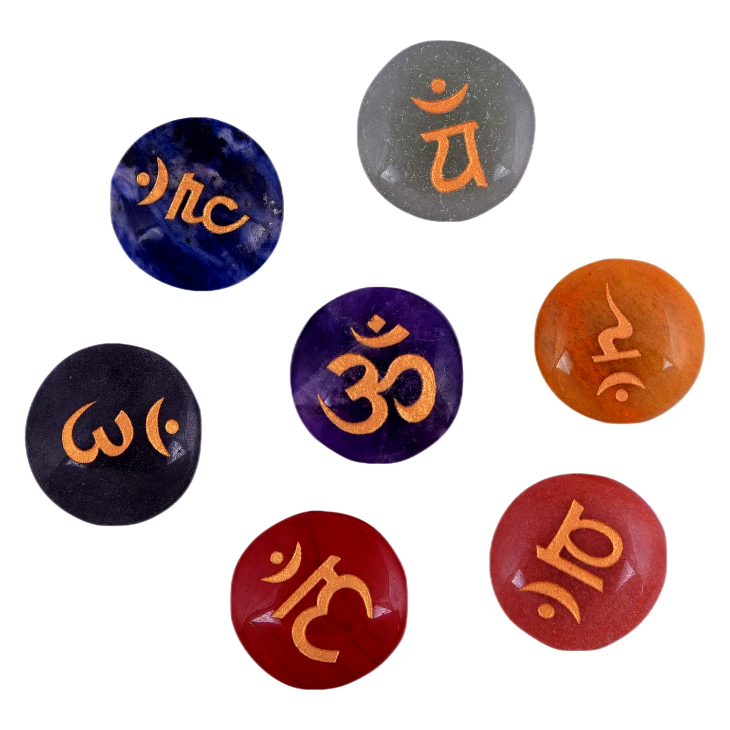 Seven Chakra Stones with Sanskrit Symbol Stones Positive Energy Crystal Meditation Ornament Engraved Round Reiki Set(KI_07) by Krishna Impex