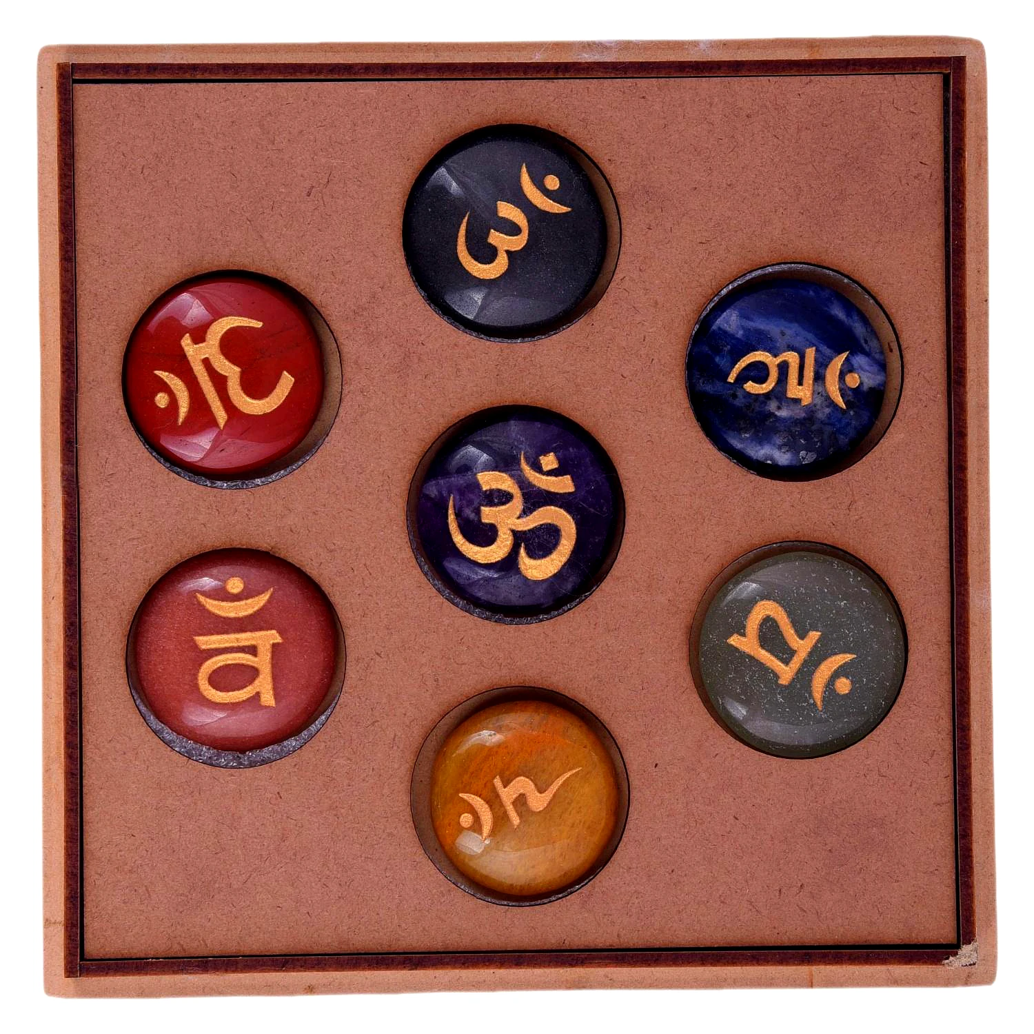 Seven Chakra Stones with Sanskrit Symbol Stones Positive Energy Crystal Meditation Ornament Engraved Round Reiki Set(KI_07) by Krishna Impex view 2