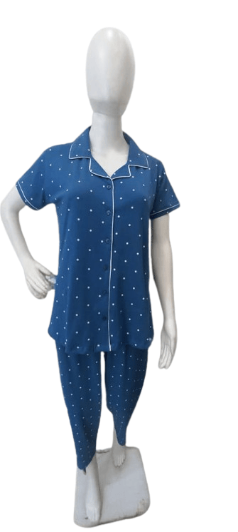 Women's Polka Dot Cotton Night Suit – Blue Button-Down Shirt & Matching Pants Set