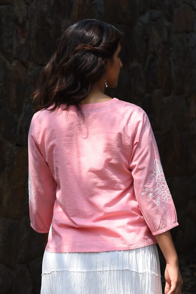 Nargis Pink Kashmiri Crewel Hand Embroidered Cotton V-Neck Top view 2