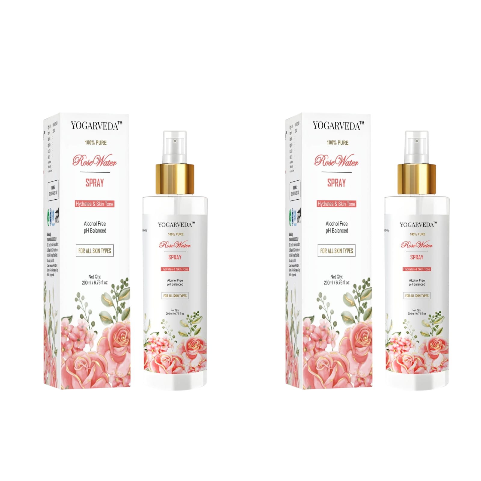 YOGARVEDA 100% Pure Rose Water Spray 2*200 ml | Alcohol-Free | pH Balanced Men & Women (400 ml) Pack of 2