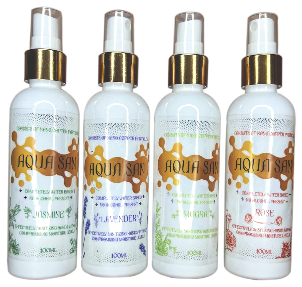Hand Sanitizer (AquaSan -100ml) | available in Lavender, Rose, Jasmine|, Sandal, Mogra | Suitable for kids | Kills 99.9% Germs| Alcohol Free| Water based| No harsh chemicals| Anti microbial & Anti Viral | Skin Friendly | Safe to use anywhere