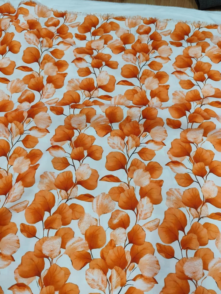 White and Orange Floral Print Crepe Fabric view 2