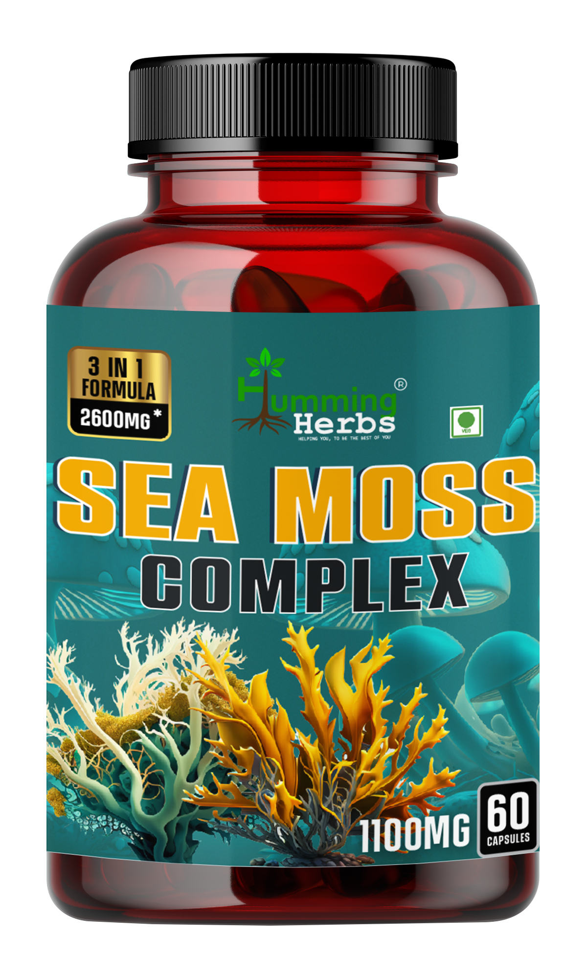 Humming Herbs Sea Moss Complex Capsules - 1100mg High-Potency Formula with Organic Irish Moss, Bladderwrack, Burdock Root - Thyroid Support, Immune Boost, Digestive Health, Skin Hydration, 60 Capsules