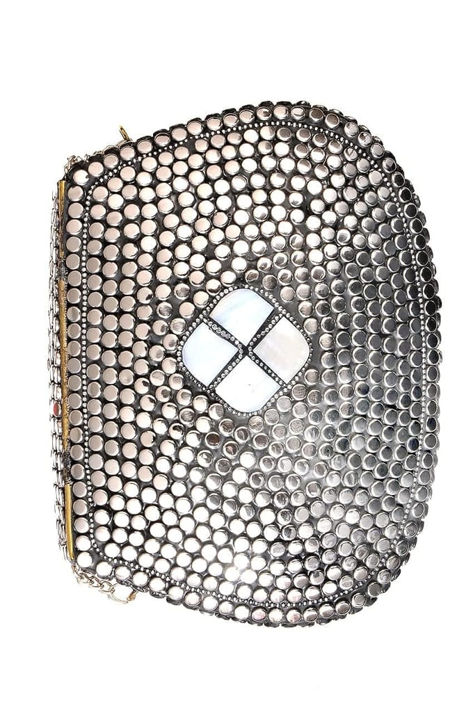 Shakuntala Vintage Mosaic Silver & White Metal Embellished Bridal Clutch Sling Bag for Women view 2