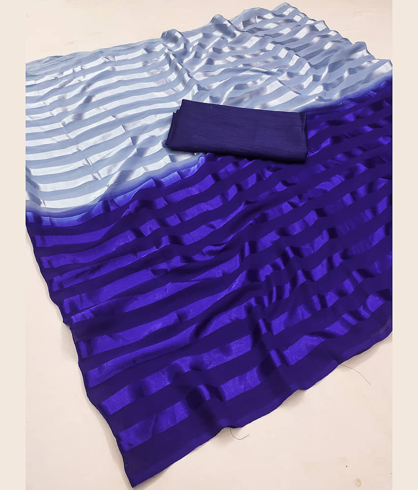 ANAND SAREES Satin Striped Saree With Unstitched Blouse Piece ( Blue ) view 2
