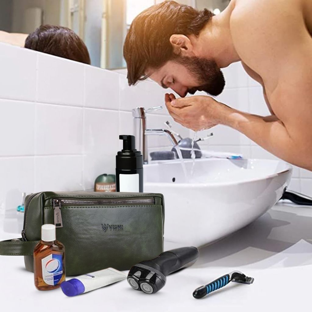 Men Toiletry Pouch | Pu Vegan Leather Travel Bag | Cosmetic Organizer | Water Resistant with Multi Compartment | Travel Organizer Bag view 2