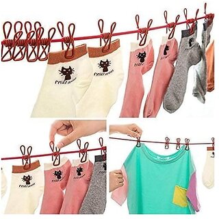 Multi Functional Portable Drying Rope with 12 Clips and 2 Hooks Travel Clothesline Rope Clothes Hanging Hook Outdoor Indoor Wind-Proof Clothesline (Multicolour) view 2