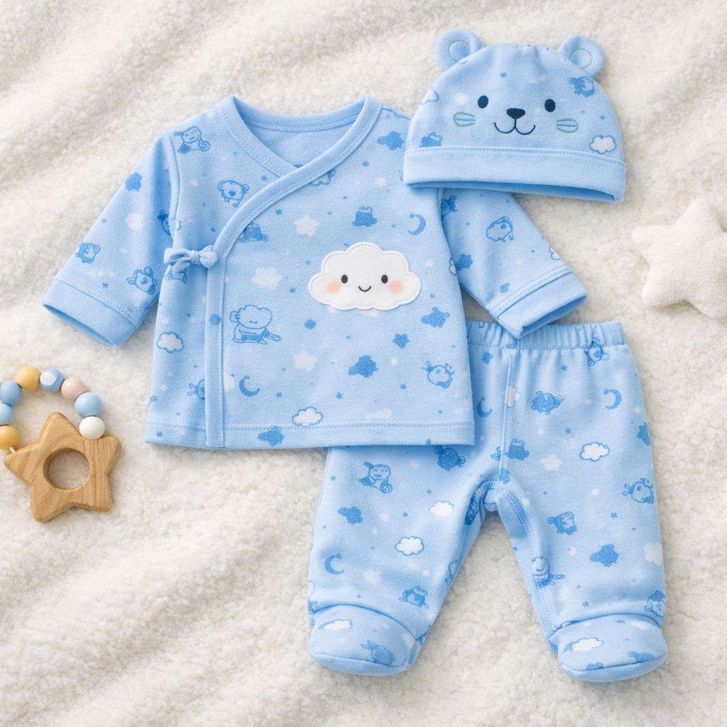 Baby Boys 3-Piece Cotton Clothing Set with Cap – Sky Blue Cloud Print view 2