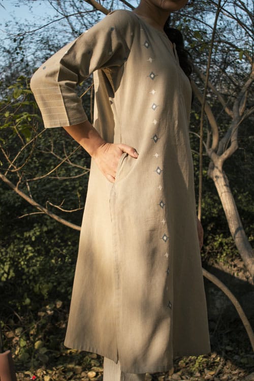 Akriti Beige Handwoven Extra-Weft slit neckline kurta view 2