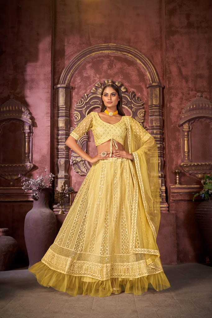 Yellow Floral Sequins Embroidered Net Lehenga Choli