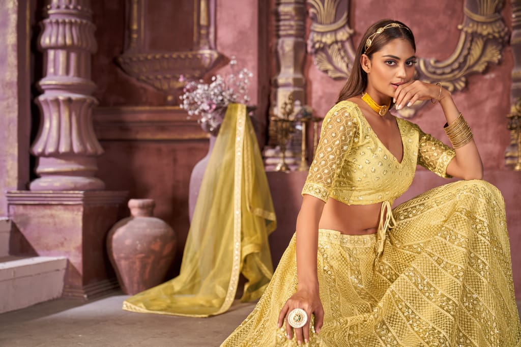 Yellow Floral Sequins Embroidered Net Lehenga Choli view 2