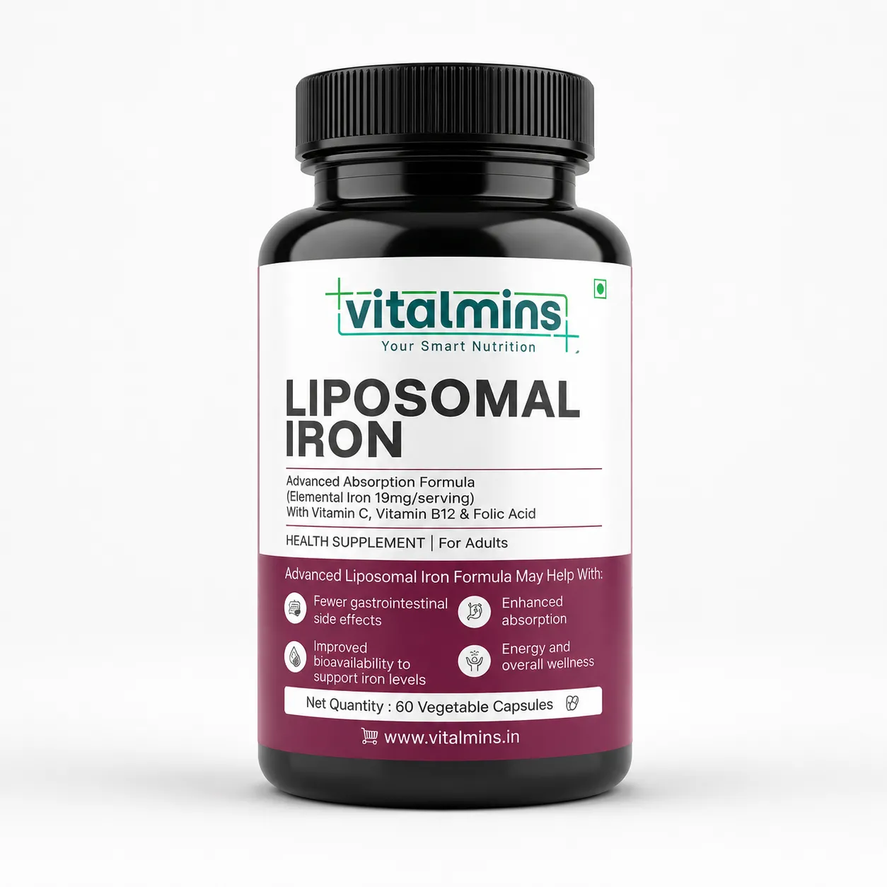 Vitalmins | Your Smart Nutrition | Liposomal Iron | Fewer Gastrointestinal Side Effects | Improved Bioavailability to Support Iron Levels | Enhanced Absorption | Energy and Overall Wellness | Health Supplement for Adults | 60 Veg Capsules