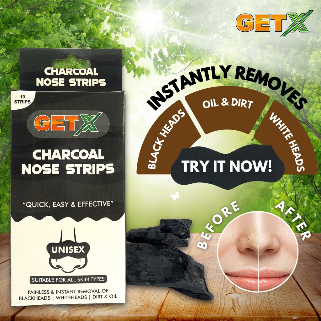 GETX Charcoal Nose Strips (10 Strips), Deep Cleansing Charcoal Nose Pore Strip for Men & Women | Reduces & Prevents Blackheads, Whiteheads, Dirt and Oil | Cleanses Pores view 2