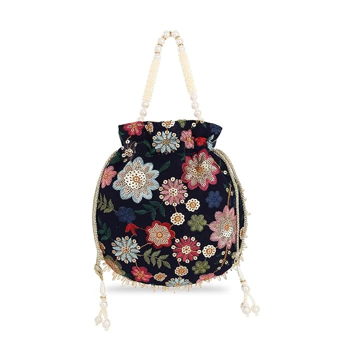 Women's Ethnic Potli Bag with Floral Embroidery and Pearl Handle for Wedding and Party Wear view 2