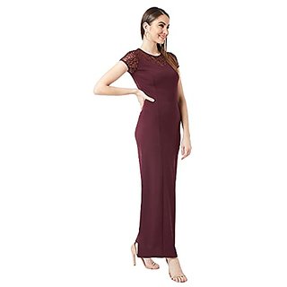 Miss Chase Wine Red Round Neck Cap Sleeves Sequin Paneled Solid Bodycon Maxi Dress view 2