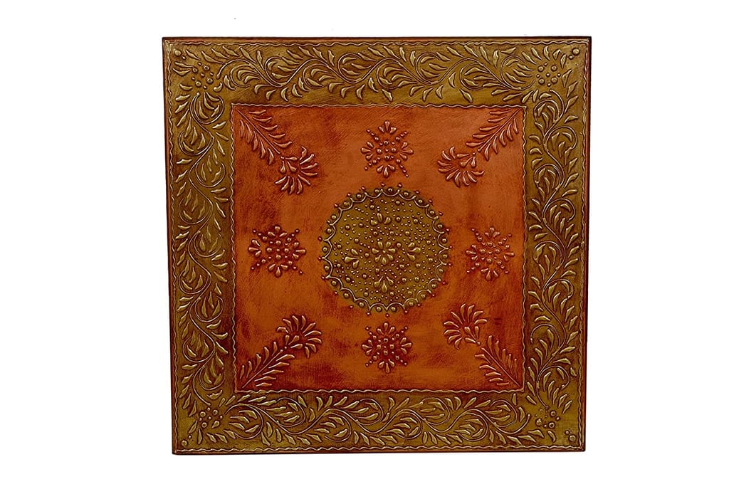 Home Design Wooden Pooja Chowki, Handmade Embossed Painting Chowki, Handcrafted Bajot, Pooja Stool, Wooden Handmade Bajot (Copper+ Gold) (18 x 18 x 6 in INCHES) view 2
