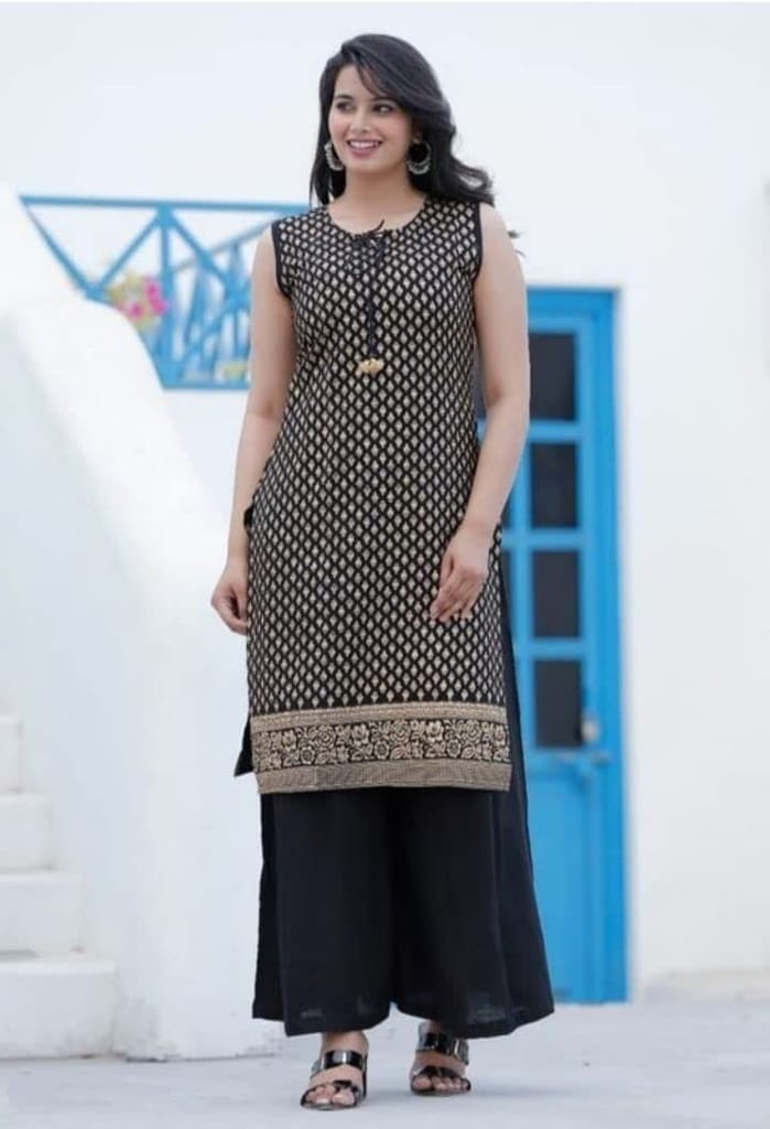 MANMAYEE Women's Rayon Embroidery Straight Sleeveless Kurti with Palazzo | Kurti Set view 2