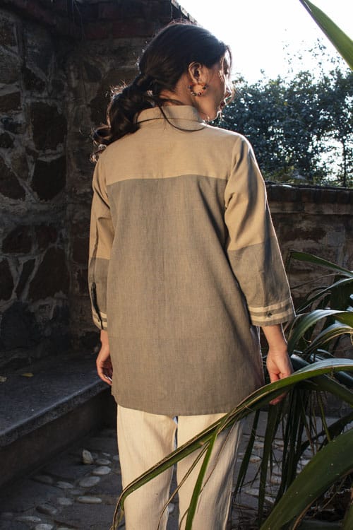 Akriti Beige Handwoven Extra-Weft collared Shirt view 2