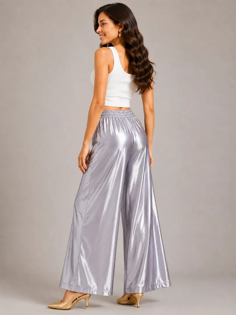 Women's Premium Silver Satin Palazzo, view 2