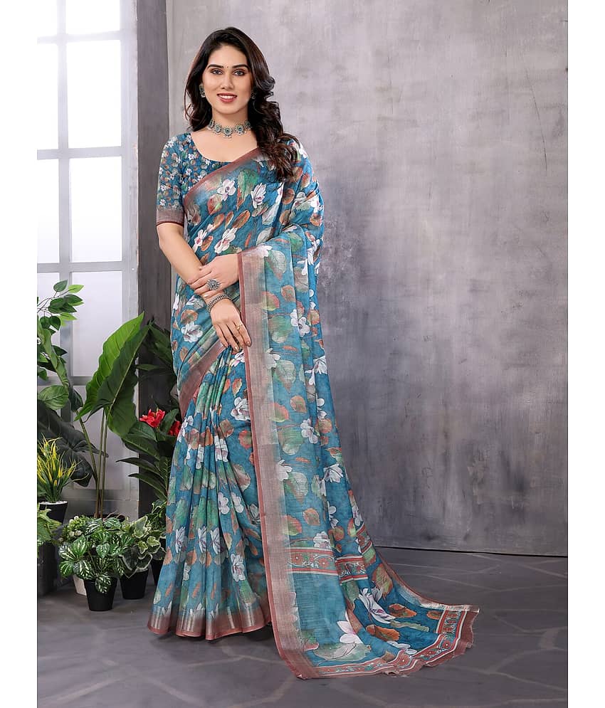 NightBlue Linen Printed Saree With Unstitched Blouse Piece ( Beige )