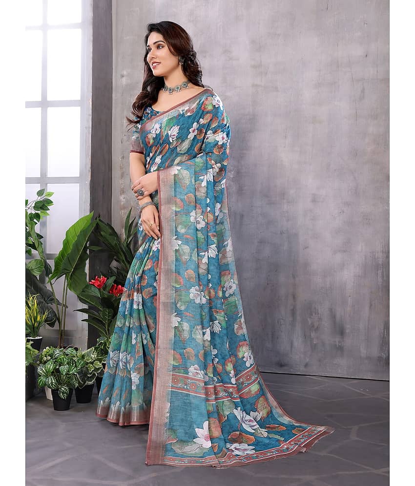 NightBlue Linen Printed Saree With Unstitched Blouse Piece ( Beige ) view 2