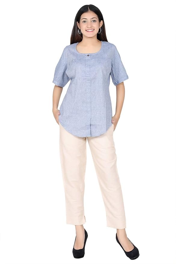 ceil Women Cotton Denim Solid Regular Fit Round Neck Casual Top for Women and Girls view 2