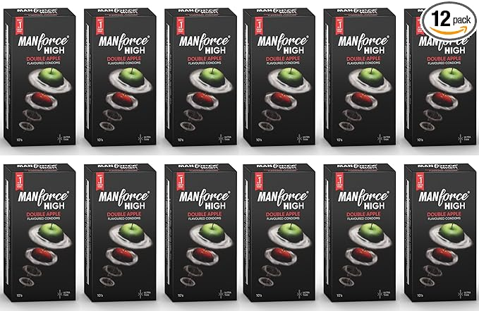 Manforce High Double Apple Flavoured Condoms for Men| 10 Count| Ultra Thin Condom| Lubricated Latex Condoms| For Her Enhanced Pleasure x Pack of 12