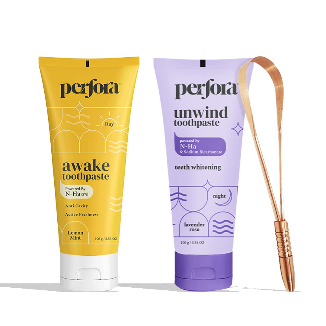 Perfora Tongue Cleaner & The Daily Routine Awake & Unwind Toothpaste Combo, Active Freshness & Cavity Prevention| SLS & Fluoride Free Toothpastes With N-Ha For Oral Care | Copper Tongue Scraper