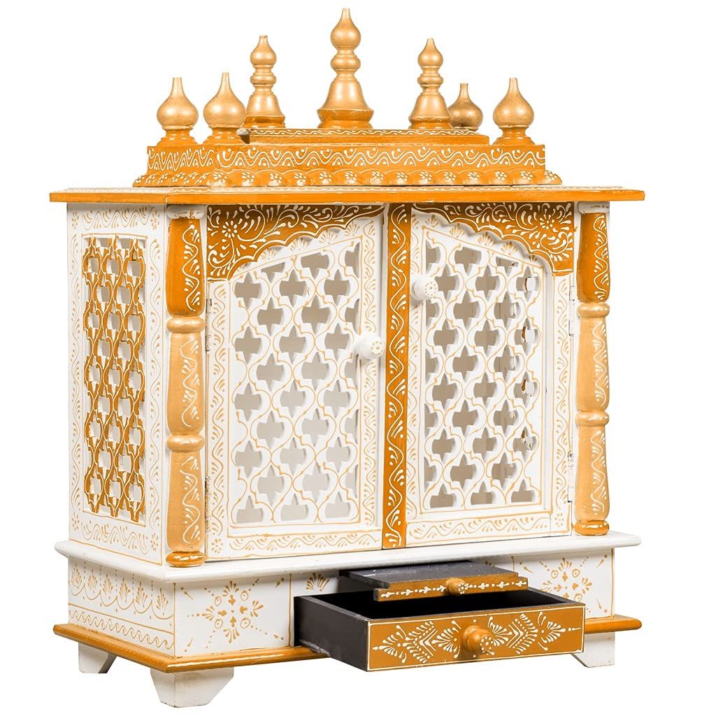 Maa Kripa Art And Craft - Wooden Temple Home Temple Pooja Mandir Pooja Mandap Temple (White & Orange), 28 Centimeters, 11 Centimeters view 2