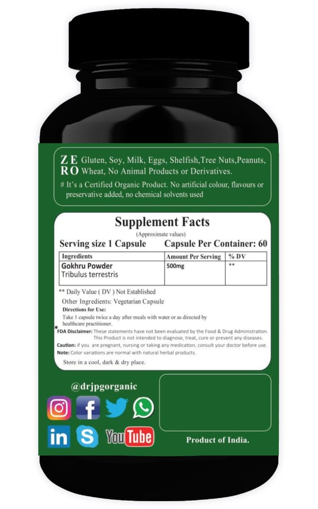 Dr JPG Organic Herbals Gokhru Capsules .500mg 60veg Capsules | For Enhance Endurance, Promotes Vitality|INDIA ORGANIC CERTIFIED view 2