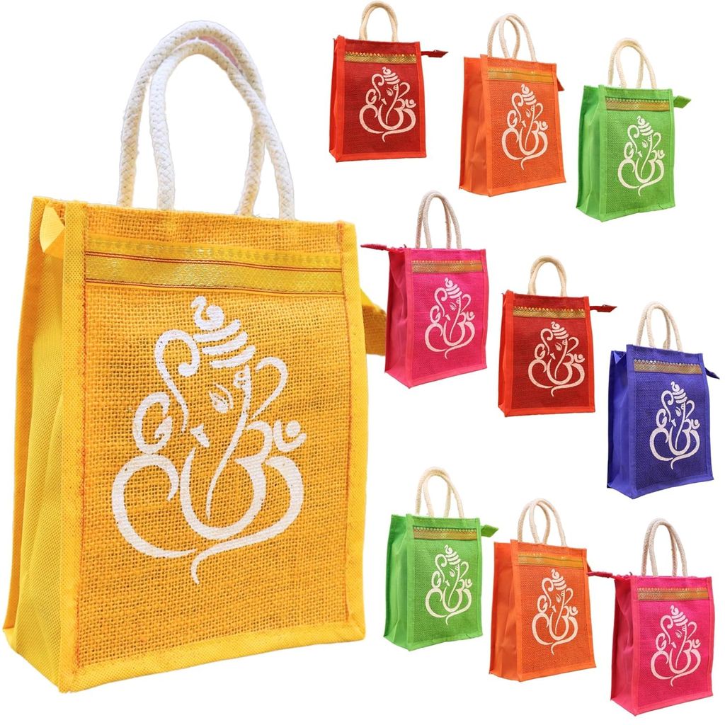 SS Eco-Life Eco-Friendly Jute Return Gift Bag | One Side Ganesh Print 🙏 Other Side Kolam Print 🎨 | Zip Closure | Rope Handle | 8x10x5 inches | Wedding, Pooja & Festive Thamboolam Bags