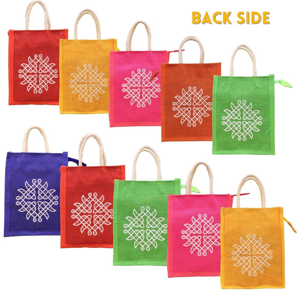 SS Eco-Life Eco-Friendly Jute Return Gift Bag | One Side Ganesh Print 🙏 Other Side Kolam Print 🎨 | Zip Closure | Rope Handle | 8x10x5 inches | Wedding, Pooja & Festive Thamboolam Bags view 2