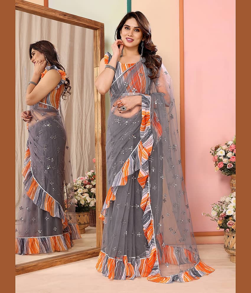 VEDANT VASTRAM Net Embroidered Saree With Unstitched Blouse Piece ( Grey )