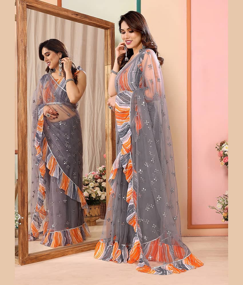 VEDANT VASTRAM Net Embroidered Saree With Unstitched Blouse Piece ( Grey ) view 2