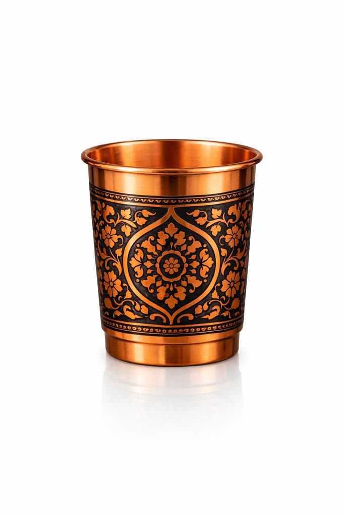 Handcrafted Engraved Copper Tumbler - Traditional Floral Design Glass