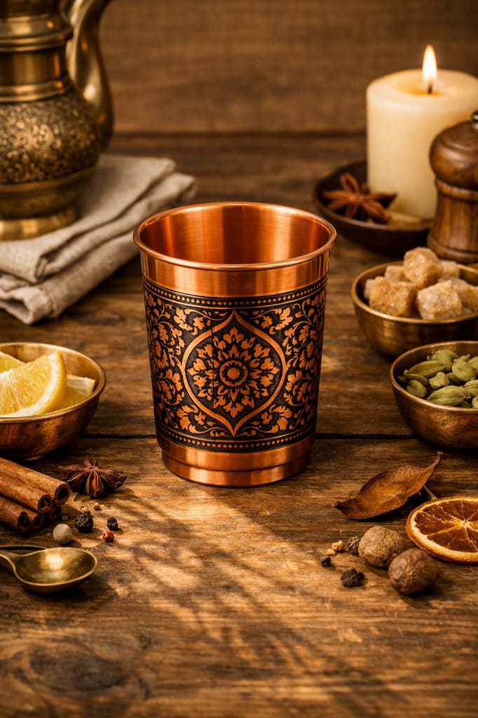 Handcrafted Engraved Copper Tumbler - Traditional Floral Design Glass view 2