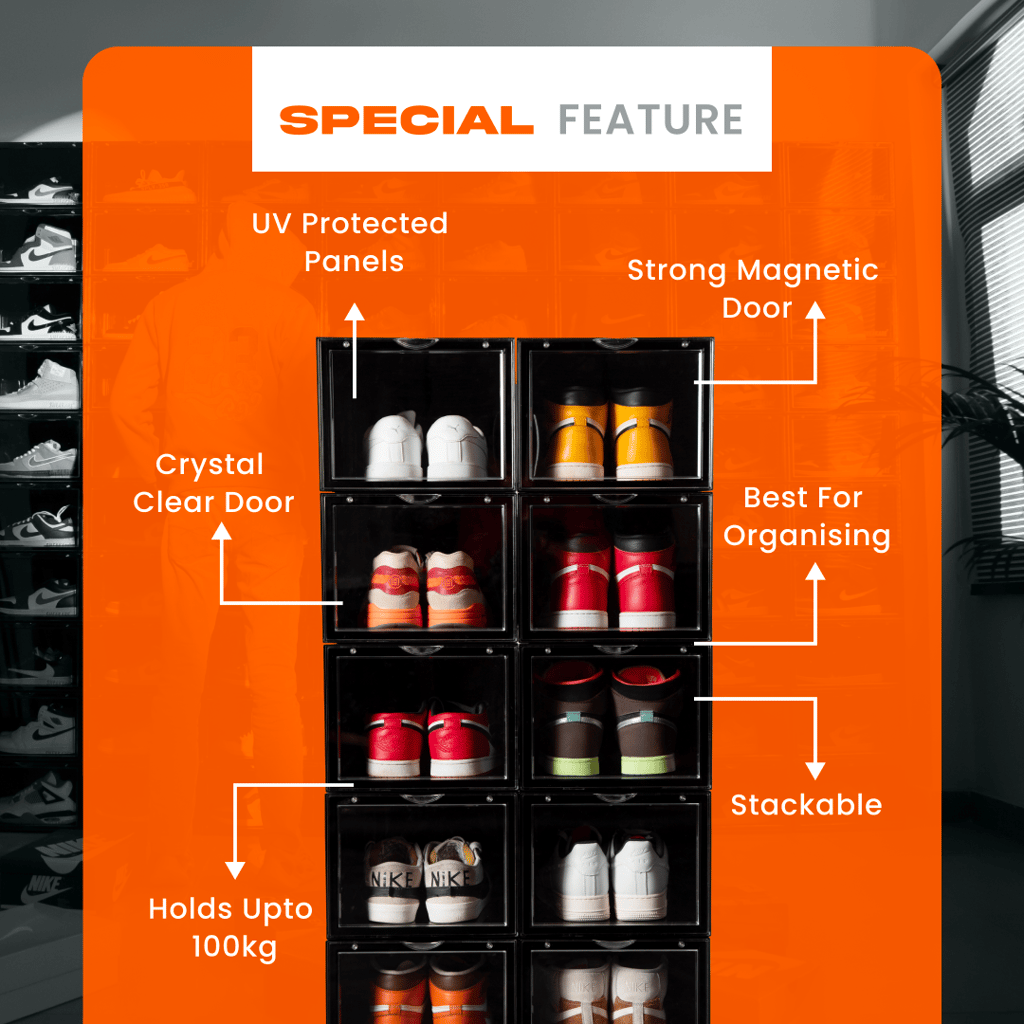 SNEAKARE Shoe Storage Organizer, Set of 5 Black Heavy-Duty Sneaker Box, Stackable Storage Box with Magnetic Closure, Easy Installation Foldable Storage Box, Large, Fits Size UK14 view 2
