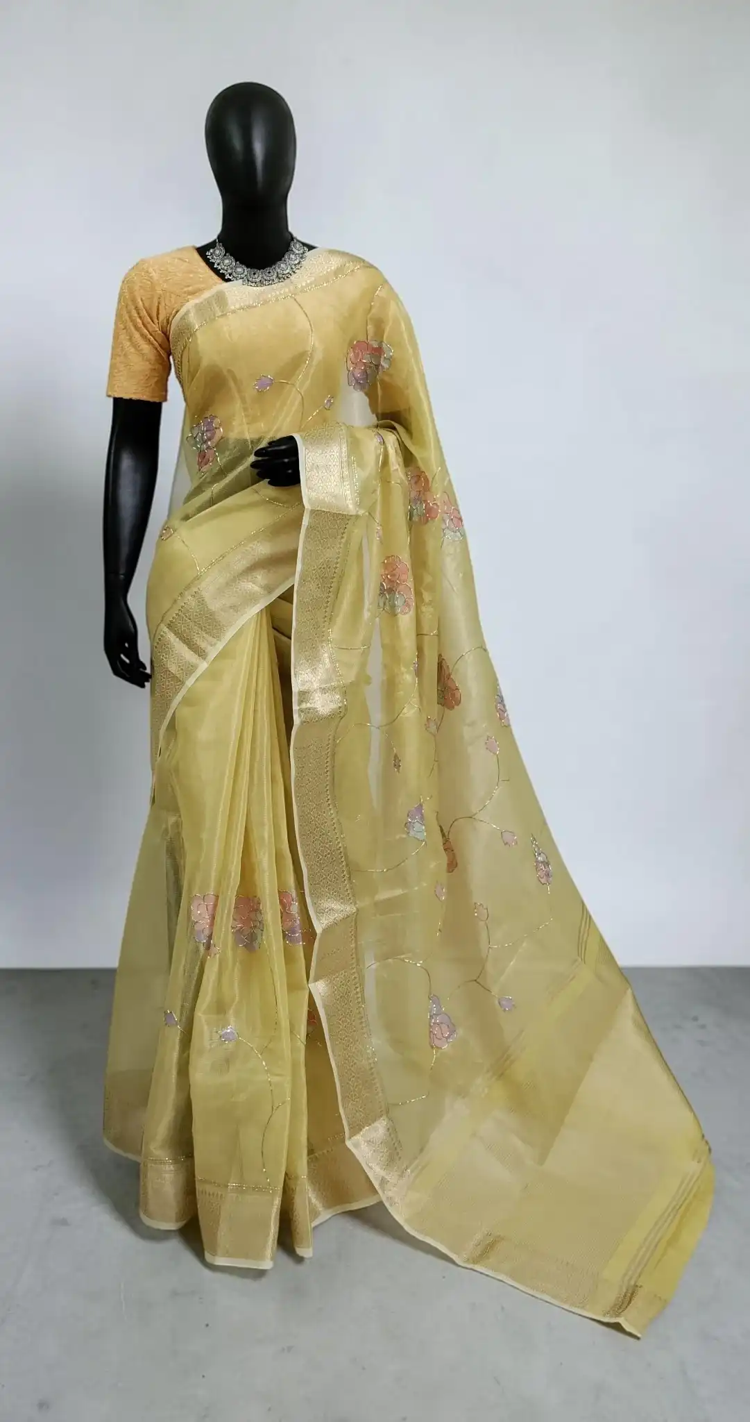 Golden Beige Kota Doria Saree with Block-Print Florals and Zari Border