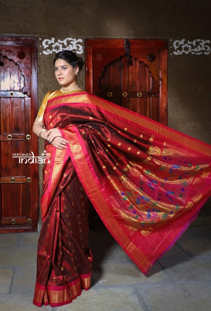Rajsi~ Pure Silk Handloom - Maharani Paithani in Maroon with Pink Border, Floral Buttis all over saree, High Quality Silk view 2